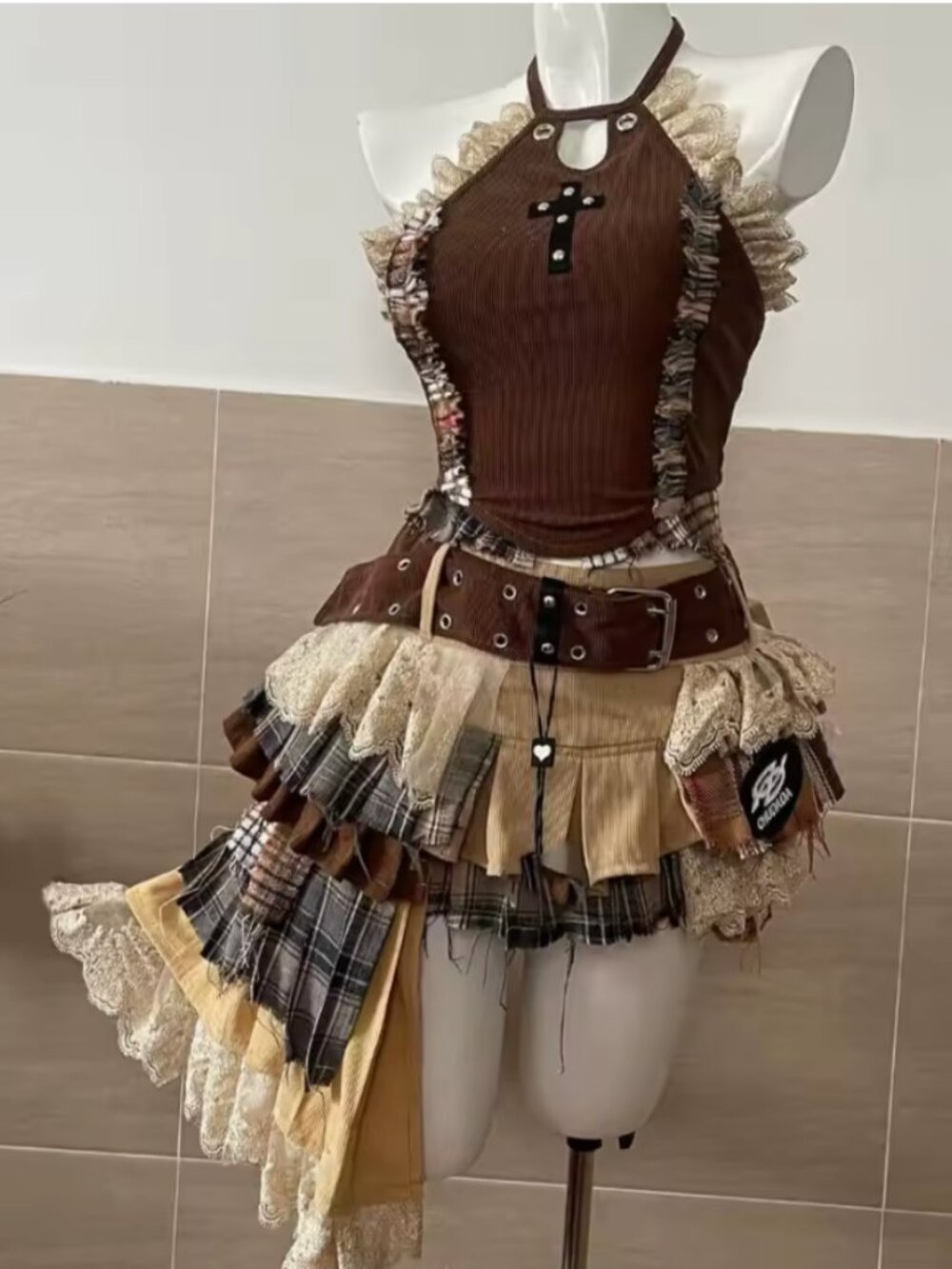 NWT Gothic Punk 2 Piece Set Hollow Out Stitching Design cotume festival S